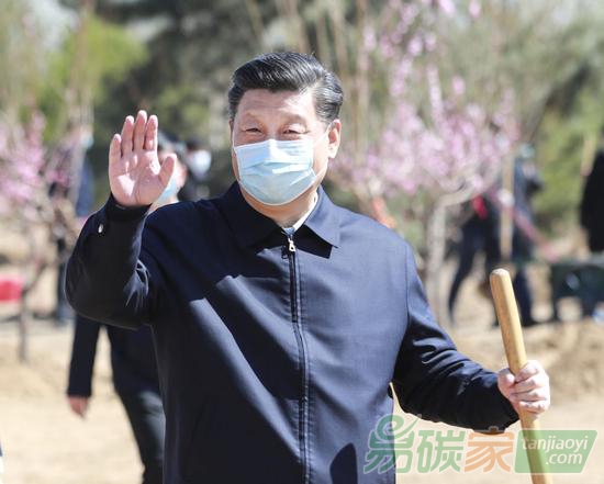 2020年4月3日，黨和國家領(lǐng)導(dǎo)人習(xí)近平、李克強、栗戰(zhàn)書、汪洋、王滬寧、趙樂際、韓正、王岐山等來到北京市大興區(qū)舊宮鎮(zhèn)參加首都義務(wù)植樹活動。這是習(xí)近平拿起鐵鍬走向植樹地點，向正在植樹的干部群眾揮手致意。新華社記者龐興雷攝